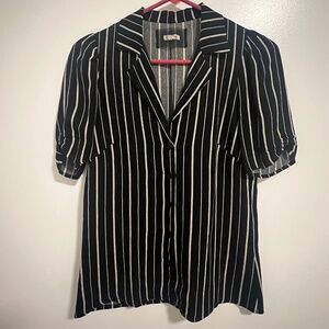Reformation Striped Short Sleeve Button-up Shirt in Black Viscose and Rayon